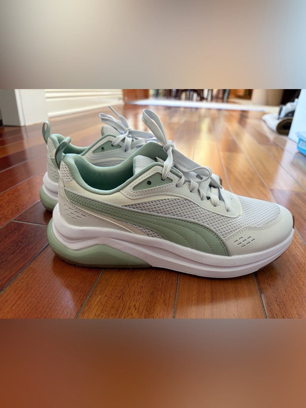 Like New Puma Women's Light Sage Green and White Athletic Sneakers - Size 8.5
